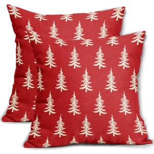 Christmas Pillow Covers 18x18 Set of 2 Red Xmas Tree Rustic Style Winter Print Decorative Outdoor Pillowcases Farmhouse Vintage Holiday Decorations Throw Cushion Case Decor for Couch Sofa Bed