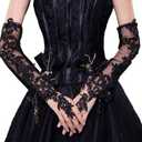 Long Lace Fingerless Elbow Gloves - Sheer Mesh Tulle Opera Wedding Gloves for Prom Dance Costume Party (20", Black)