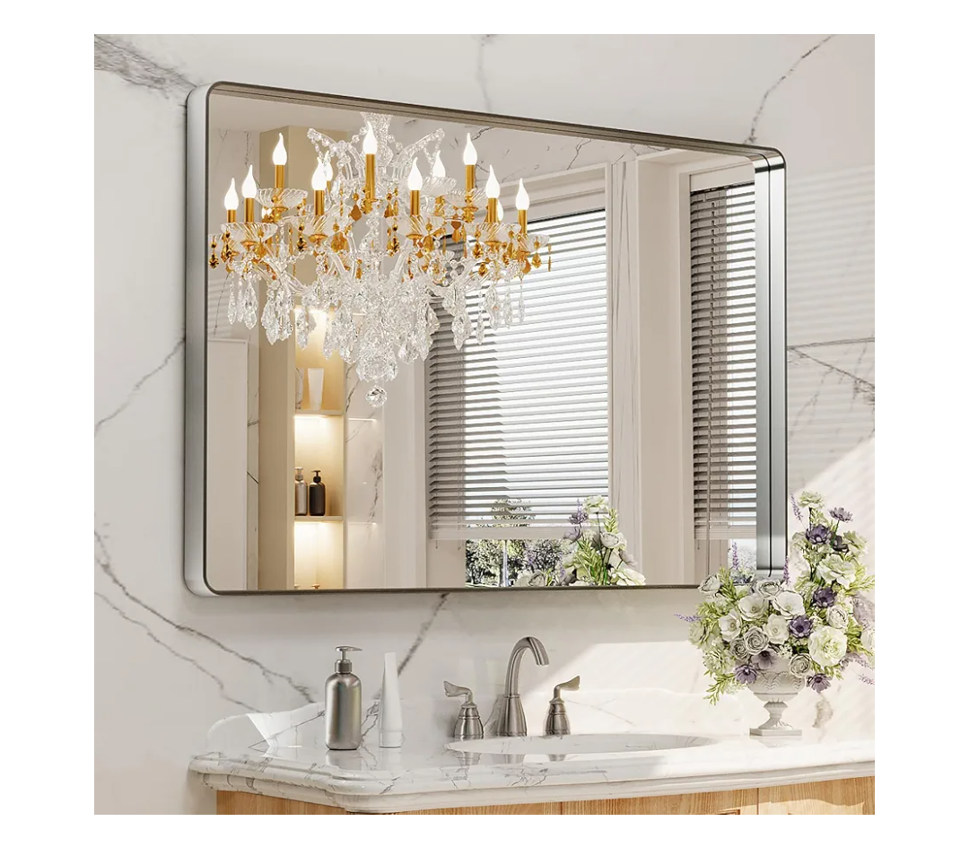 LOAAO 48X30 Inch Brushed Nickel Bathroom Mirror, Rounded Rectangle Silver Metal Frame Mirror, Brushed Nickel, Anti-Rust, Shatter Proof, Hangs Horizontally or Vertically