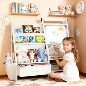 Faesun 4-in-1 Art Easel for Toddlers with Bookshelf and Toy Organizer, Kids Drawing Easel with Paper Roll & Magnetic Whiteboard, Birthday Gift for Ages 28, Boys & Girls