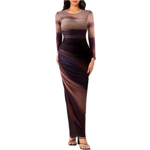 Women's Tie Dye Ruched Long Sleeve Dress Mesh Slim Fit Bodycon Maxi Dresses (Large, Brown)