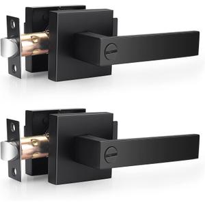 Probrico 2 Pack| Square Privacy Door Levers Matte Black Bed Bath Door Handles, Keyless Interior Door Lockset Heavy Duty Leversets for Left or Right Handed Doors