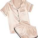 Ekouaer Womens Silk Satin Pajamas Short Sleeve PJS Shorts Set Soft Button Down Sleepwear 2 Piece Loungewear S