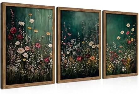 Vintage Wildflower Wall Art Set of 3, Moody Dark Green Flower Botanical Wall Decor Paintings, Nature Floral Farmhouse Landscape Posters Prints Pictures for Living Room Bedroom 12x16 Inch Wood Framed