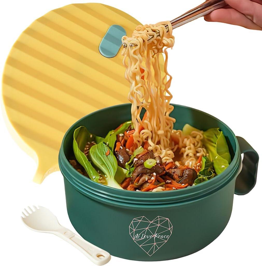 Microwaveable Ramen Noodle Bowl Cooker 40oz for Ramen, Pho, Soup, and Pasta, Dishwasher Safe and Portable, Ideal for Home, Office, Dorm, or Gift.Ai Love Peace (Green)