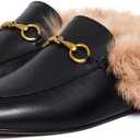 Vertundy Fur Mules with Metal Buckle Slip On Flats for Women Backless Sandals Dress Shoes Work Slides, Size 10