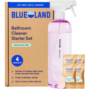BLUELAND Bathroom Cleaner, Starter Set, Eucalyptus Mint Scent, Spray Bottle with 1Refill Tablets, Eco-Friendly Cleaning Supplies, 4 x 24 Fl oz