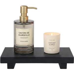 Wooden Pedestal Stand Black Bathroom Counter Organizer Tray Decor Farmhouse Wood Risers Small Hand Soap Dish Dispenser Holder for Kitchen Sink Modern Bathroom Vanity Accessories Decorative Tray, 8.6" x 4" x 1.6", Black