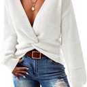 Kisscynest Womens Sweaters 2025 Casual Sexy V Neck Long Sleeve Pullover Sweaters Twsit Knot Knit Cropped Jumper Tops Size L