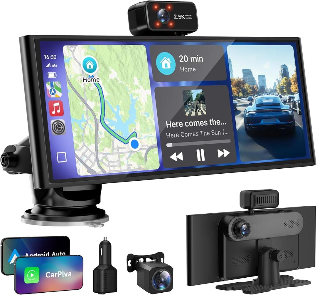 CarPlay Screen for Car Tablet Android Auto Smart Screen for Car, Portable Car Play with 3 Channel 3K Dash Cam,10.26 Wireless Display with FM Radio Stereo Bluetooth 5.2, 32GB TF Card Black