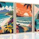 YUFEIART 3 Piece Framed Hawaii Travel Wall Art Retro Exotic Tropical Canvas Art Tropical Beach Landscape Pictures Wall Decor Ocean Sunset Art Prints for Living Room Bedroom 12"x16"