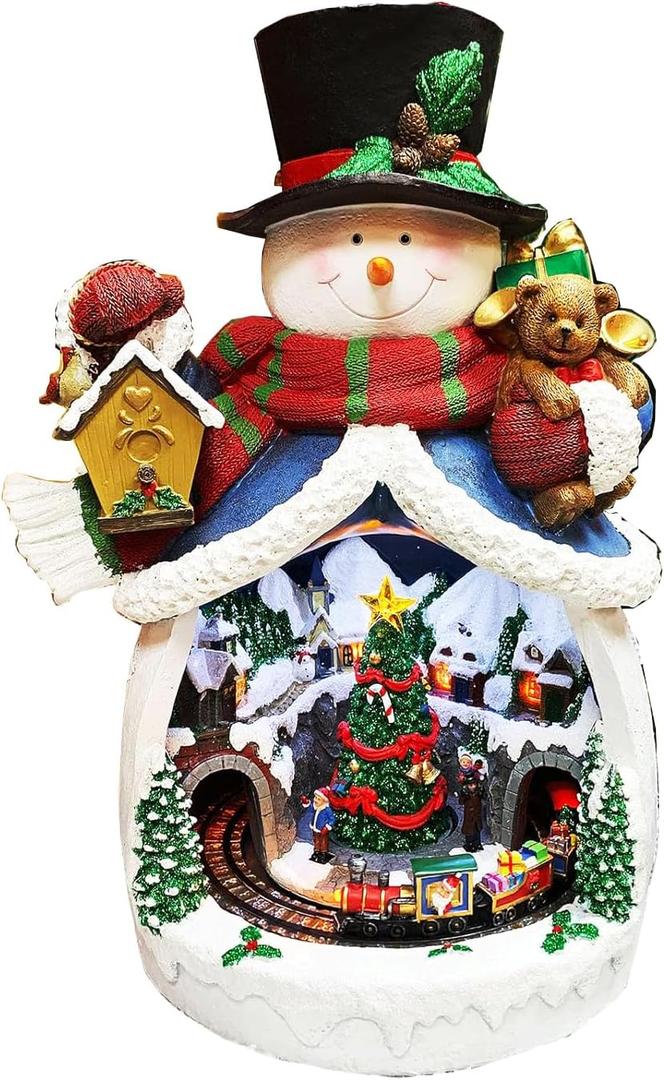 MOMENTS IN TIME Snowman with Animated Christmas Village Scene LED Lighted Musical Holiday Decoration with Moving Train Adapter Included 18.7 Tall Festive Home Decoration