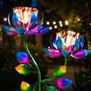 Solar Wind Spinner Outdoor Metal Garden Decor – 2-in-1 Kinetic Double Lotus Flower Stake with Glowing Fiber Optic Lights, Multi-Color Spinning Yard Art Sculpture for Patio, Lawn, and Pathway