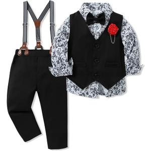 WESIDOM Toddler Boy Clothes Suit Formal Dress Shirt+Bowtie+Vest+Boutonniere+Suspender Pants Boys Gentleman Outfits Set (4-5T, Black)