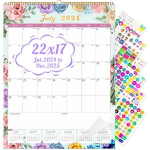 Gannyfer Large Calendar 2024-2025 - 18 months Wall Calendar July 2024 to Dec 2025, 17" x 22" Large Monthly Calendar, Academic Calendar for Planning and Organizing In Your Family, School or Office - Modern Floral(6 Stickers Included)
