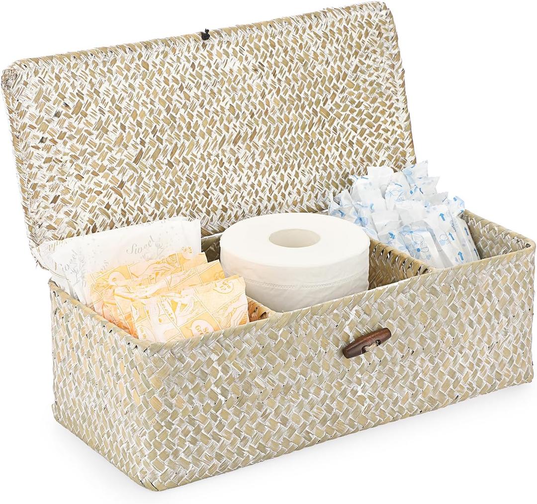 Sumnacon Small Woven Basket for Shelf Wicker Shelf Storage Basket with Sections Seagrass Storage Baskets with Lid for Tampon Toiletry Rectangular Storage Basket for Shelf Bathroom Table Desk Whitewash (Medium)