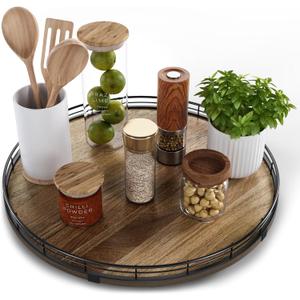 Acacia Wood 16" Lazy Susan Turntable Organizer for Table Top, Farmhouse Large Round Lazy Susan for Cabinet Kitchen Centerpieces Dining Table, for Condiments Charcuterie, Bathroom Vanity Tray Decor