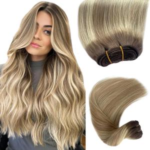 Sew in Hair Extensions Real Human Hair, 20 Inch 100G Weft Hair Extensions Human Hair, Hand Tied Weft Hair Extensions Human Hair Ombre Brown Weave Bundles Balayage Ash Blonde Human Hair Weft Extensions