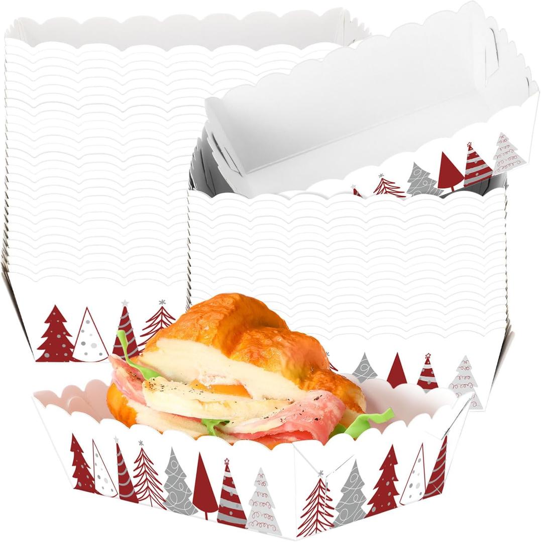 2 x 48 Pcs Christmas Tree Paper Food Trays for Xmas Party Decoration Red Christmas Food Boat Nacho Trays Disposable Snack Holder for Winter Holiday Xmas Party Supplies
