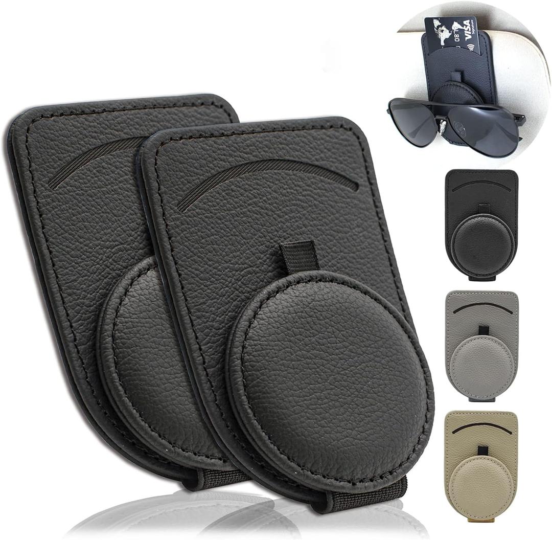 Sunglass Holder for Car Visor, Magnet Adsorbed Sunglasses Holder for Car Accessories Parts, Leather Car Sunglass Holder, Car Visor Sunglasses Clip for Glasses Cards (2PCS, Black)