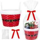 Christmas Basket for Gifts Empty Christmas Santa Claus Woven Bamboo Basket with Xams Belt Bag and Bow Ribbon for Xmas Storage Gift Snack Skep with Handle 9"x7" (Red, White)