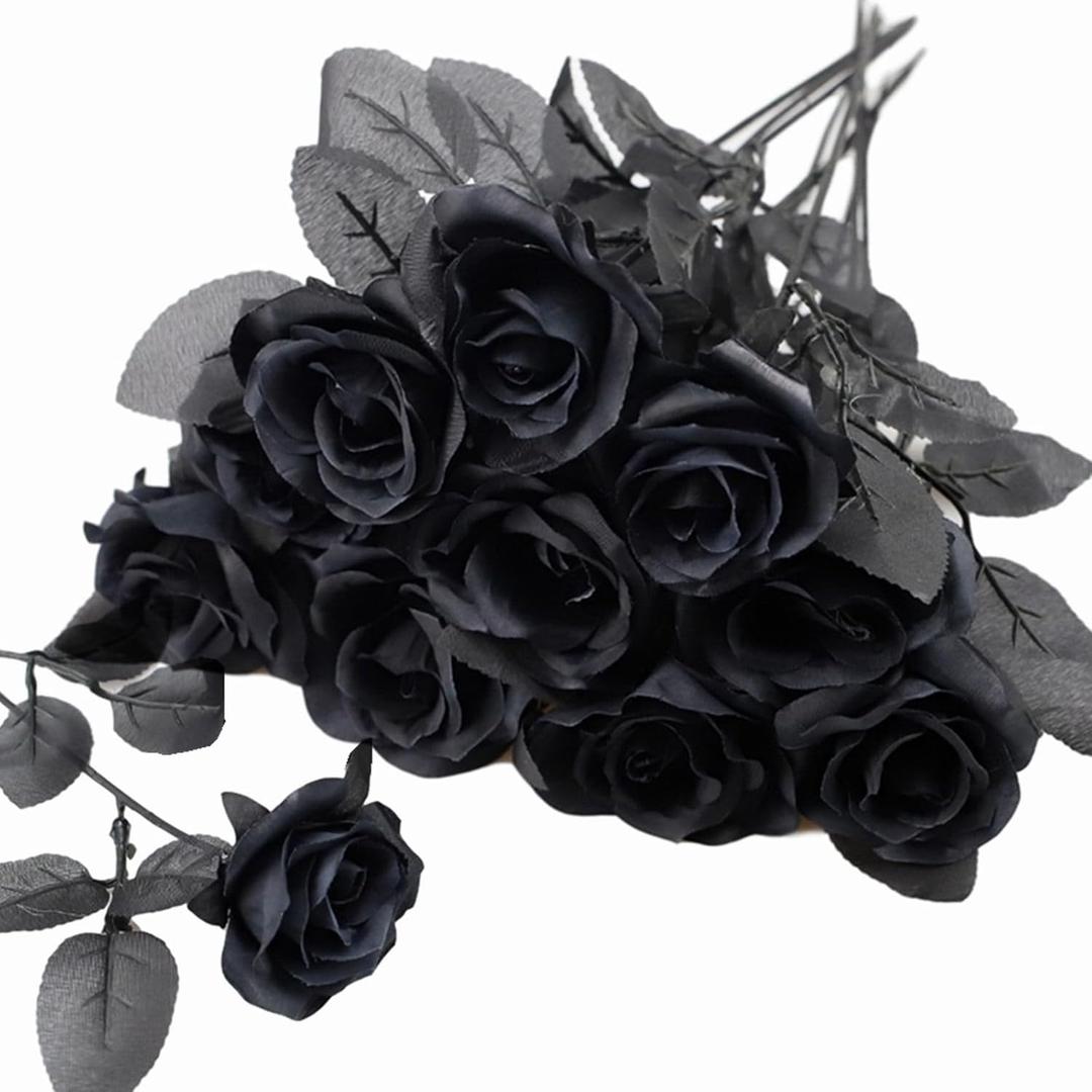 TUZAZO 10pcs Black Roses Artificial Flowers with Stems, Faux Silk Flowers Bridal Gothic Wedding Bouquet, Realistic Blossom Flora for Home, Office, Hotel Decorations