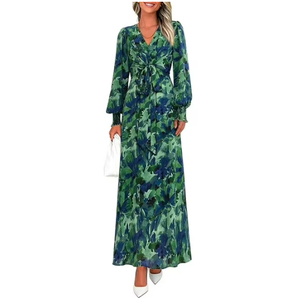 Women's Fall Boho Maxi Dress Floral Long Sleeve V Neck Flowy Belted Elegant Holiday Party Dresses Size XL