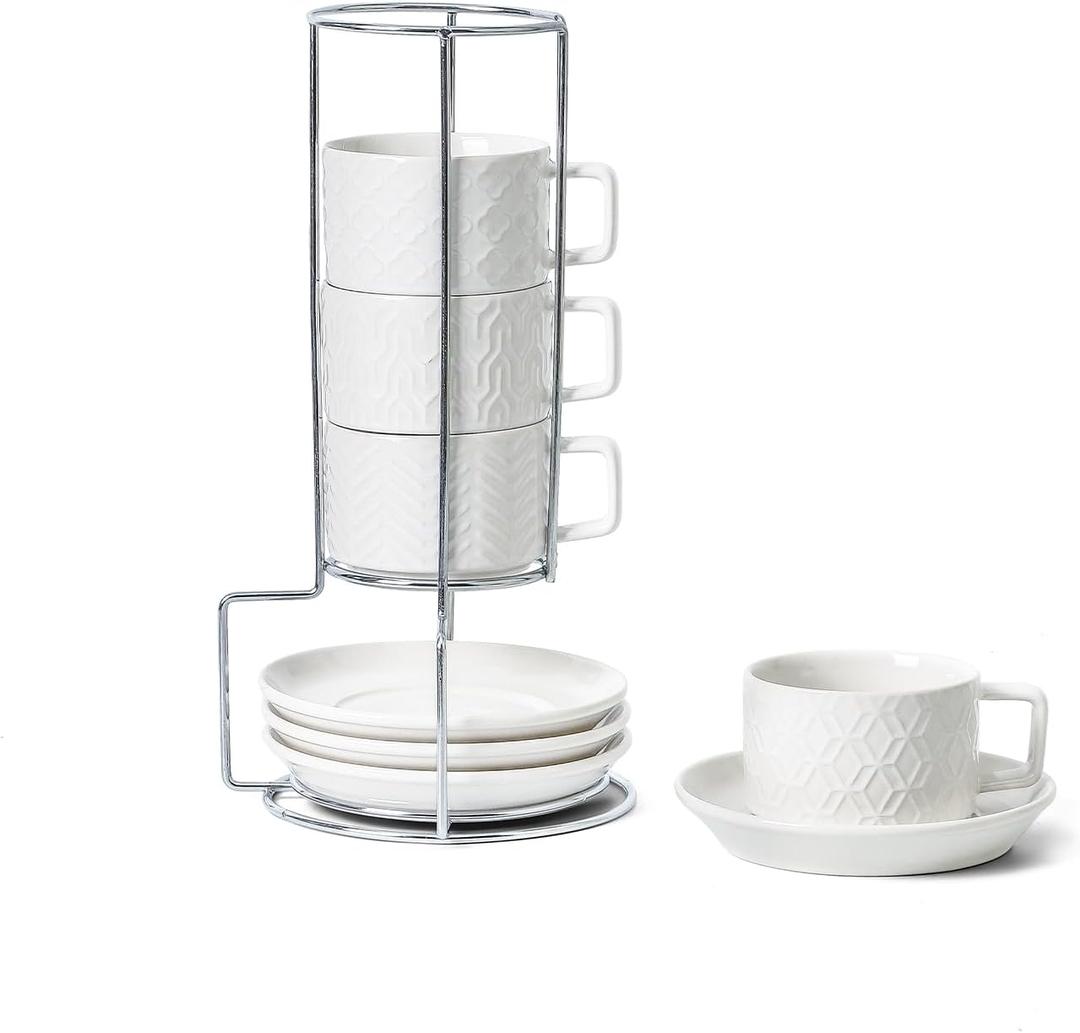 Sureasy 4 Ounce Ceramic Espresso Cups Set of 4 - Stackable Demitasse Cups with Saucers & Metal Stand, Coffee Cups for Latte, Tea, Dishwasher & Oven Safe, White
