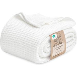 Bedsure 100% Cotton Blanket Queen Size for Bed - Cooling Breathable and Soft for Summer, Thick Cozy Waffle Weave Blanket Gifts for Women, White, 90x90 Inches