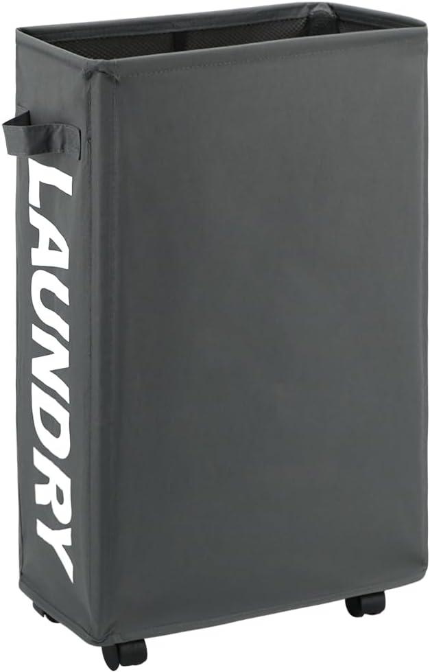 25" Slim Rolling Laundry basket on Wheels, 50L Collapsible Narrow Corner Laundry Hamper, Foldable Storage Bins, Grey