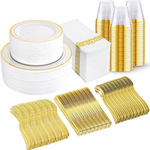 I00000 350Pcs Gold Dinnerware Set for 50 Guests, Gold Plastic Plates for Party, Include: 100 Disposable Plastic Plates, 50 Paper Napkins, 50 Cups, 50 Silverware Set Perfect for Party & Wedding