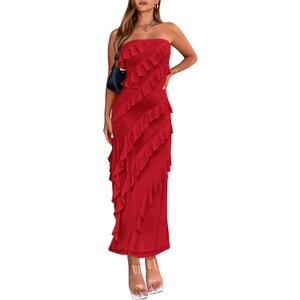 BTFBM Women Summer Elegant Strapless Midi Ruched Bodycon Dress Solid Color Stretch Mesh Slim Party Cocktail Dresses (Small)