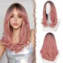FESHFEN Lace Front Hairline Wigs with Bangs, Synthetic Natural Looking Long Layered Straight Hair Wig for Women Daily Party Costume, 18 inch Ombre Pink (Medium)