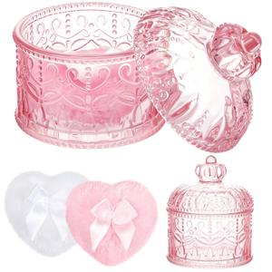 Tioncy 3 Pcs Large Body Powder Puff and Container Powder Container with Puff Powder Puff Crystal Container Soft Washable Reusable Velour Face Body Glitter Powder Puff Wet Dry Makeup(Pink, Crown)