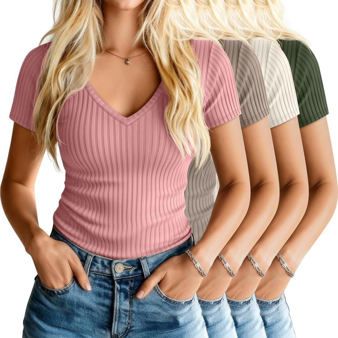 Neer 4 Pack Women's V Neck T-Shirts Cotton Short Sleeve Ribbed Slim Fit Tops Casual Summer Basic Tee Multipack (L)