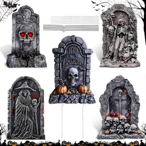 25" Halloween Graveyard Tombstone Decorations, 5PCS Extra Large Scary Halloween Gravestones Yard Signs with Lengthen Stakes,Skeleton RIP Yard Sign Lawn Garden Outdoor Decor