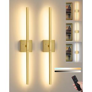 Rayogale 32 Inch Rechargeable Wall Sconce with Remote, 8000mAh 3000K/4500K/6000K Dimmable Battery Operated Wall Sconce, 360 Rotation Cordless Sconces Wall Decor Set of 2 for Living Room Gold