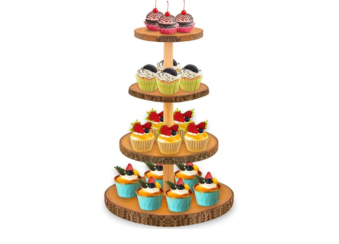 Cupcake Stand Wood Dessert Stands 4 Tier Wooden Cupcake Stand - Large Capacity, Bark-Covered, Varnished, Multi-Functional for Weddings, Baby Showers, and Parties