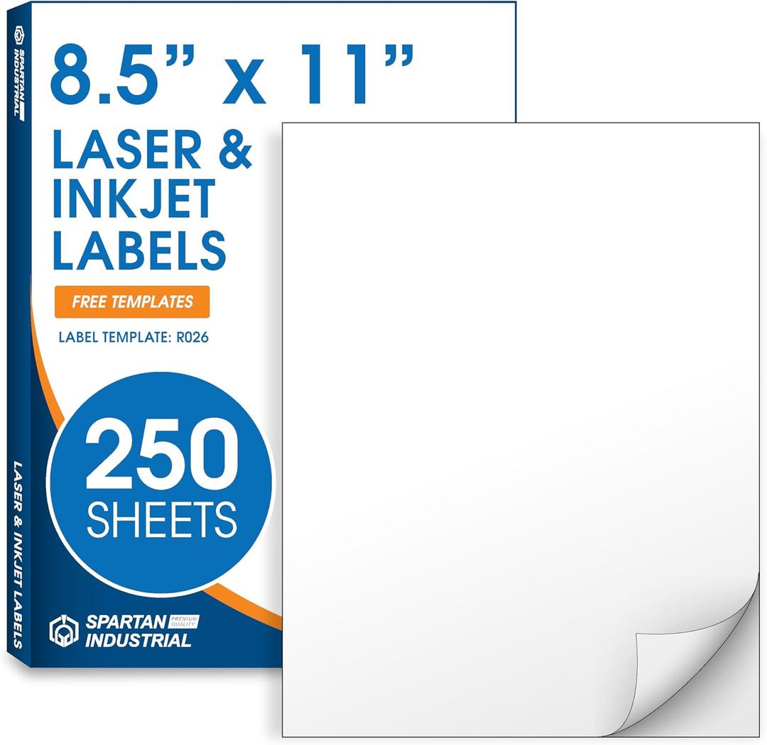 8.5" X 11" Matte White Full Sheet Labels (250 Sheets, 250 Stickers) Printable Sticker Paper for Laser & Inkjet Printers - Spartan Industrial Template R026