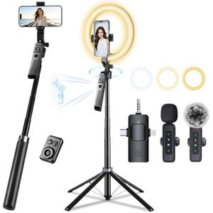 Vlogging Kit with 2 Mics and 10" Ring Light, 71” Tracking Tripod for iPhone