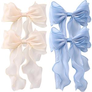 4 PACK Light Blue and Champagne Big Ribbon Hair Bows,Large Hair Accessories,Oversized Long-tail Hair Clips for Women and Girls Hair Styling Accessories.