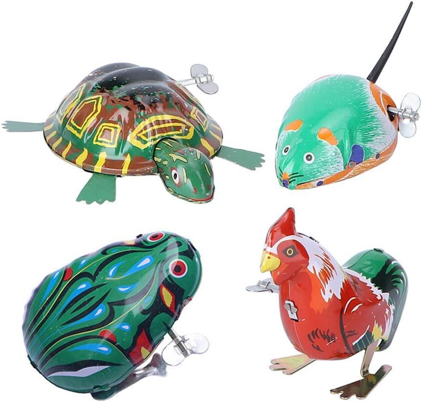 Toyvian 4Pcs Vintage Tin Toys Clockwork Toys Metal Clockwork Spring Wind up Metal Jumping Animal Rooster Turtle Interesting (Random Style and Color) (Medium)