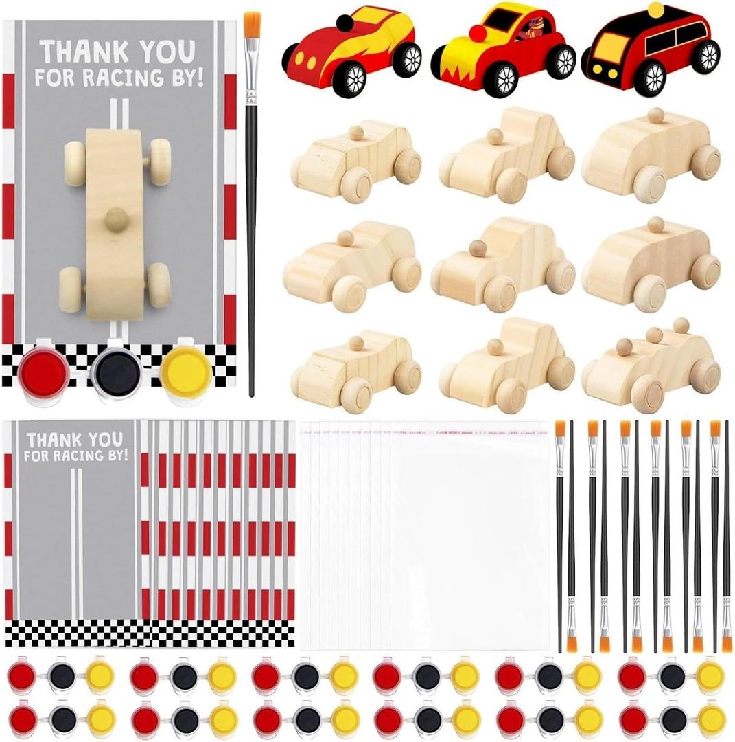 BOIKOKY Racecar Painting Party Favors Kit - 12 Unfinished Wooden Cars, Acrylic Paints, Brushes, Thank You Cards, Perfect for Racing-Themed Birthday & Two Fast Theme Party Supplies