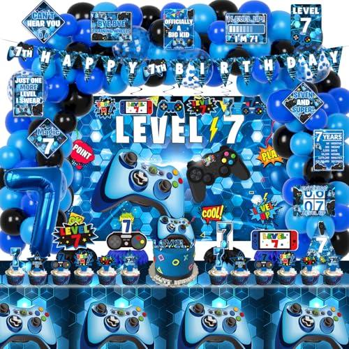 KOTLMIGHT 7th Birthday Decorations for Boys, 149Pcs Blue Video Game level 7 Party Supplies for Boy 7th Birthday - Backdrop, Banner, Balloons, Tablecloth, Centerpieces, Hanging Swirls, Wall Signs
