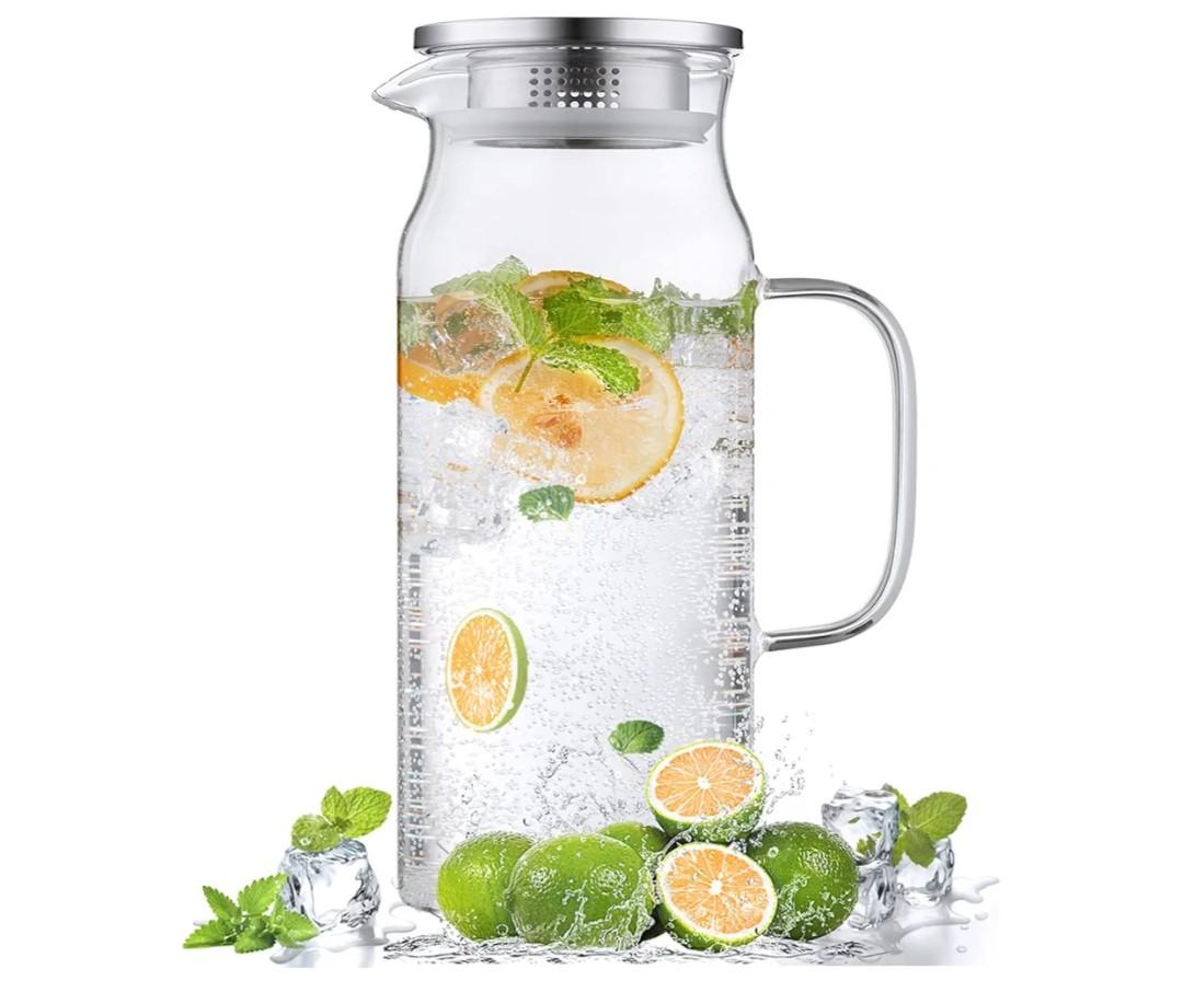 Bivvclaz 2 Liter 68 oz Glass Pitcher with Lid and Handle, Glass Carafe for Hot/Cold Water, Large Iced Tea Pitcher for Coffee, Juice and Homemade BeverageAmazon's Choice