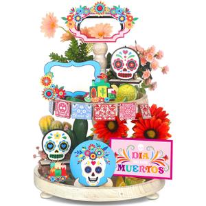 14 Pcs Day of The Dead Tiered Tray Decor Mexican Dia De Los Muertos Decorations Sugar Skull Wooden Table Signs Wreaths Wine Flowers Candles Centerpieces for Halloween Party Decor