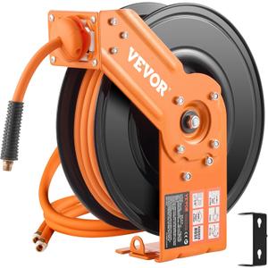 VEVOR Retractable Air Hose Reel, 3/8IN x 50FT Rubber Air Hose Max 300PSI, Air Compressor Hose Reel Auto-Rewind with 5FT Lead in, Ceiling/Wall Mount Heavy Duty Single Arm Reel & 180 Swivel Bracket