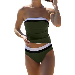 Beachsissi Women's Bandeau Swimsuits Strapless Tummy Control Color Block Tankini Sets (Large, Dark Green)