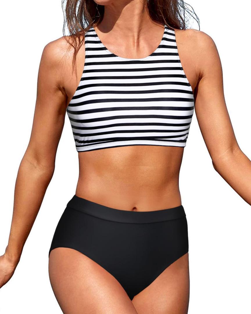 Tempt Me Women High Waisted Bikini Two Piece Swimsuits High Neck Crop Top Racerback Sporty Bathing Suits for Teen Girls (X-Small, Black and White Striped)