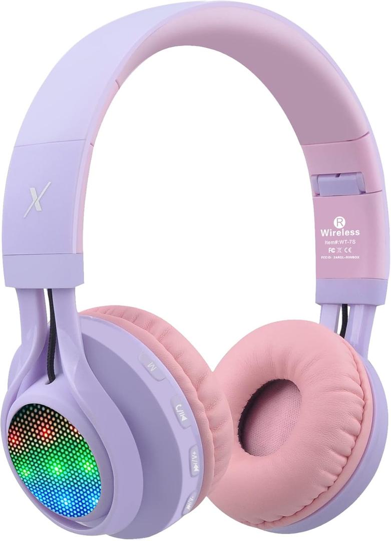 Riwbox WT-7S Kids Bluetooth Headphones Light Up, Foldable Stero Wireless Headset,with Microphone and Volume Control,Comfortable and Durable,for PC/Tablet/TV/Travel(Purple) (Adjustable to fit the head shape)